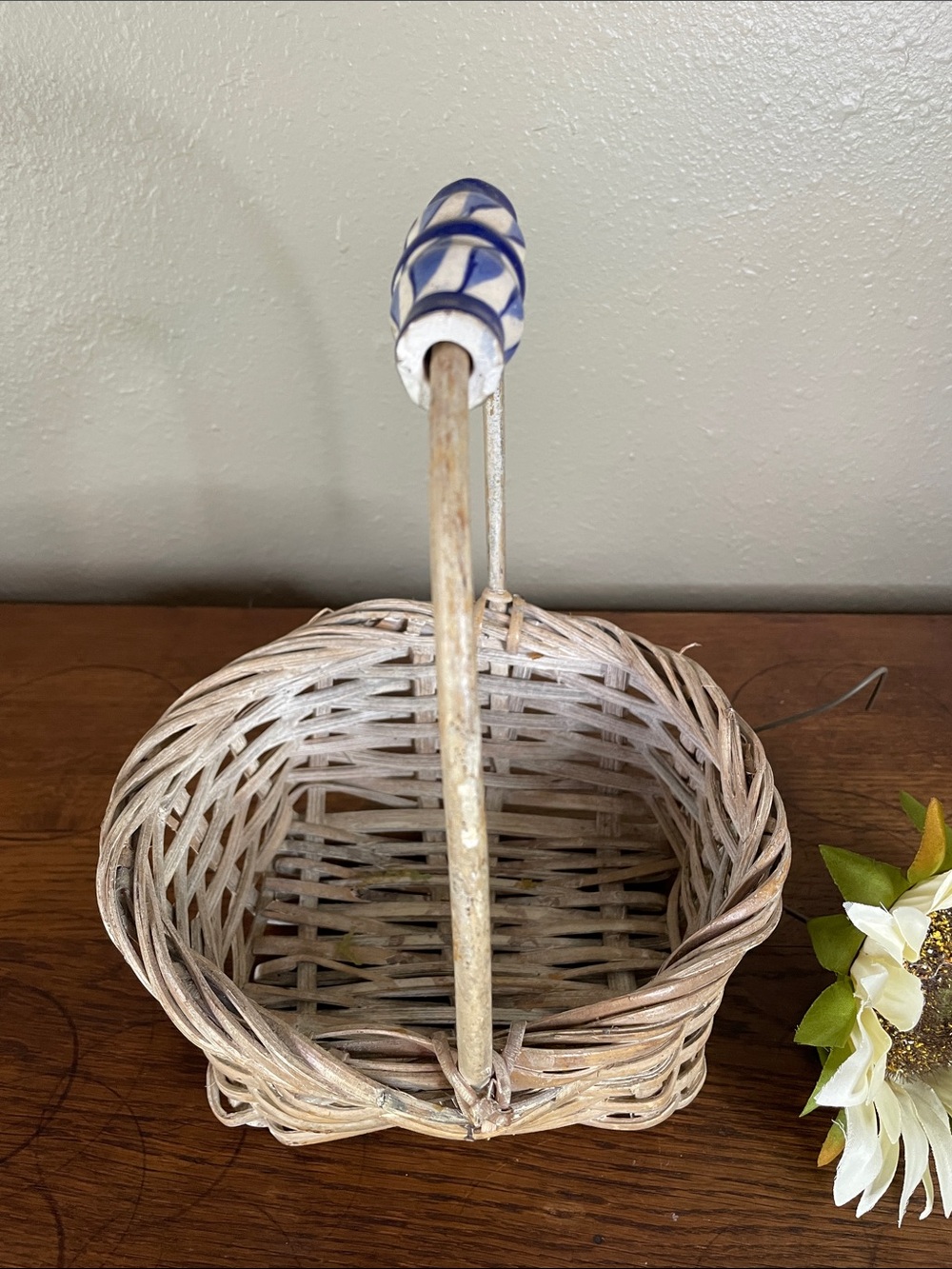 Vintage Wicker Handled Decorative Basket with Blue Ceramic Bead Accent - Picture 3 of 13